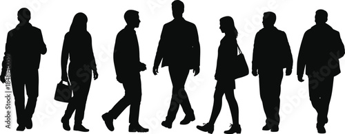 Silhouettes of diverse people walking in various directions, casual motion, urban lifestyle, body language study, flat vector illustration