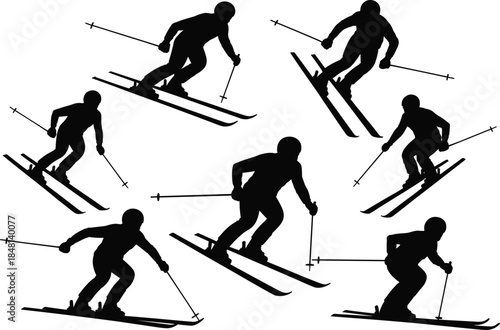 Silhouettes of downhill skiers in dynamic motion with poles and skis, winter sport action scene, flat vector illustration