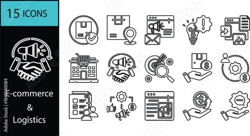 Collection of e-commerce, digital marketing, and business process line icons
