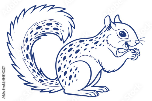 Detailed line art shows a cute squirrel with a bushy tail eating something