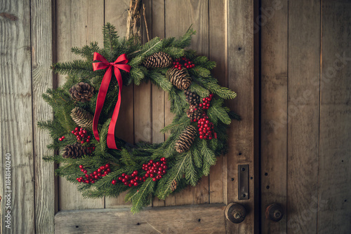 christmas wreath on wooden background