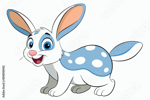 Joyful cartoon rabbit with blue spots and big eyes happily looks forward with transparent background