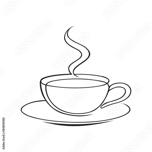 Minimalist black and white continuous line drawing of a steaming hot beverage cup on a saucer