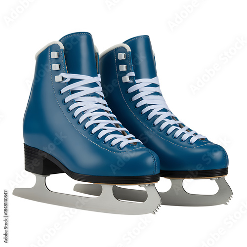 Pair of blue ice skates with white laces and straps, ready for winter sports, recreation, and enjoyable ice skating 
