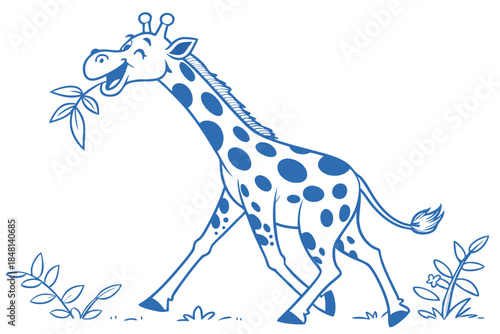 Joyful giraffe cheerfully munches a leafy sprig while walking across the grassland; transparent background