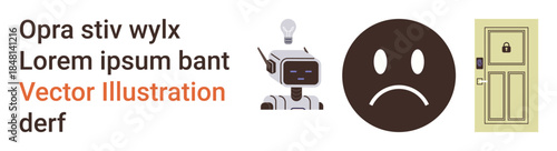 Artificial intelligence, technology security, emotions, identity verification, innovation, data protection. Robot with a light bulb, sad face emotion and locked door. Technology and security