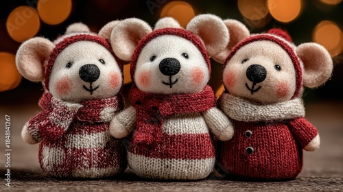 Festive Friends: Three adorable knitted mice dressed in cozy winter hats and scarves, perfect for holiday decor and spreading cheer.
