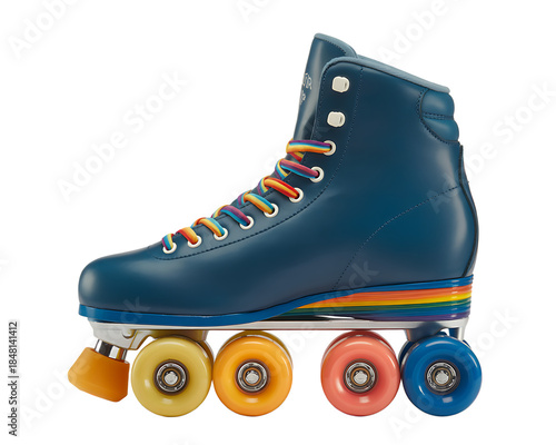 colorful roller skate with rainbow laces, featuring shiny blue exterior and vibrant wheels, perfect for fun and stylish skating 
