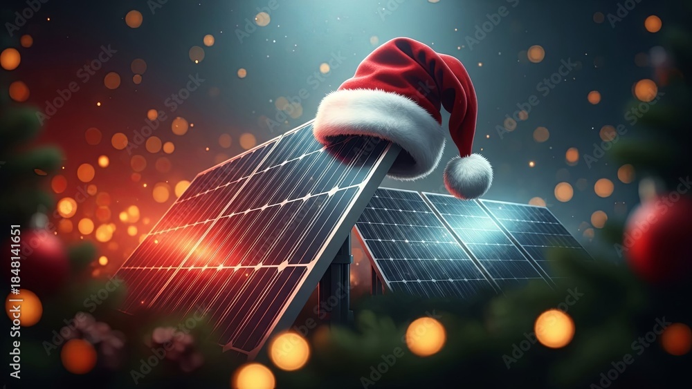 Obraz premium Christmas solar panel with santa hat. Holiday celebration for alternative energy. Sustainable future with green electricity.