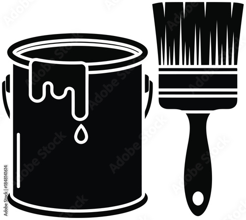 Black silhouette of paint can with dripping paint and paintbrush