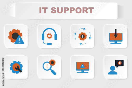 Modern IT Support and Technical Service Icons Set Illustrating Digital Helpdesk Operations and Troubleshooting Solutions