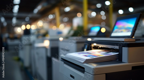 Printing facility equipment visualization heavily defocused background commercial printing setup graphic production machinery publishing industry infrastructure with copy