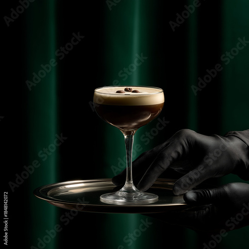 hand holding a tray with espresso martini