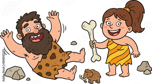 Funny cartoon caveman and cavewoman scene, prehistoric couple with bone and mammoth, playful ancient life moment - flat vector illustration