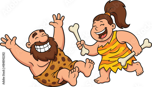 Cartoon caveman and cavewoman laughing, prehistoric couple with bones, funny stone age scene, joyful ancient characters - flat vector illustration