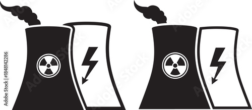 Simple black and white illustration of a nuclear power plant with radiation and electricity icons