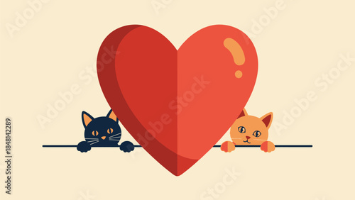 Cute cats peeking behind big red heart on Valentine's Day