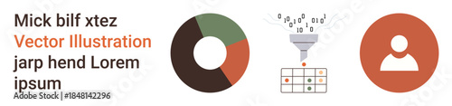 Data management, information systems, user profiling, analytics, digital transformation, organization. Pie chart, data funnel user icon. Data management and analytics