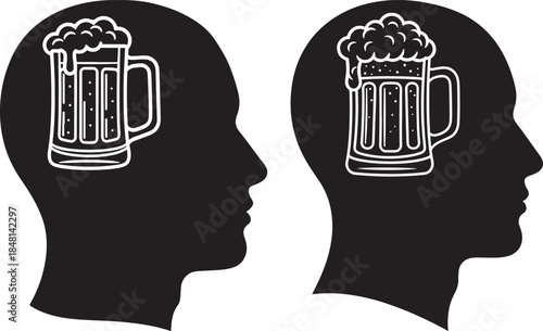 A conceptual illustration of two silhouettes with a beer mug inside the head