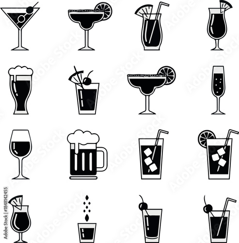 Cocktails and drinks vector black icons. Drink cocktail alcohol and cocktail with straw and fruit illustration .