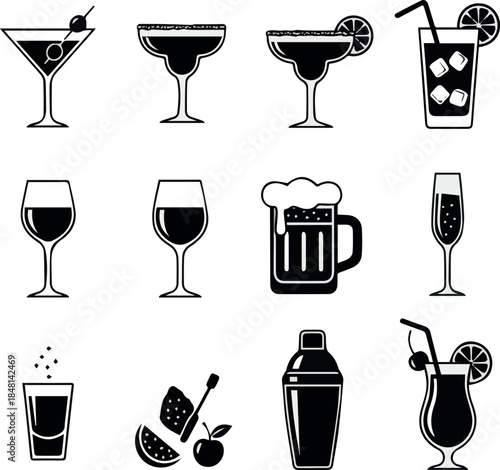 Cocktails and drinks vector black icons. Drink cocktail alcohol and cocktail with straw and fruit illustration.