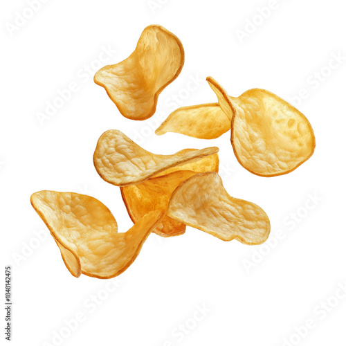 Flying delicious potato chips isolated on white or transparent PNG background. Perfect for food, snack, and advertising designs. Premium crispy chips graphic for marketing and creative projects.