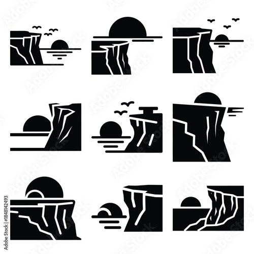 cliff sunset silhouette icon set