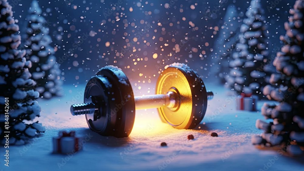 Obraz premium Dumbbell on snow in a winter Wonderland, surrounded by Christmas trees and falling snow. Christmas spirit for fitness and workout.