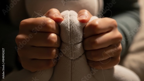 A child's hands squeezing a soft toy in anger or frustration. Emotional distress and mental health concept