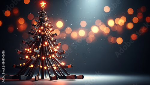 Christmas tree made from hockey sticks with shining star and bokeh background for Winter sports holiday celebration design.