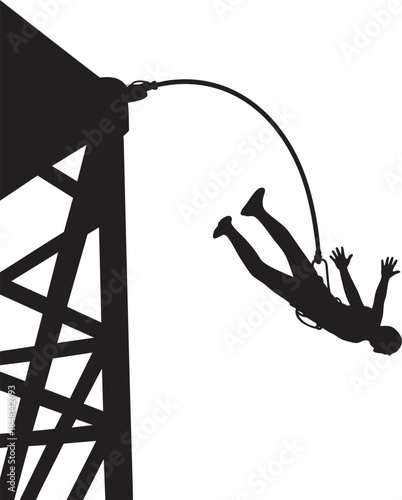 Bungee jumping silhouette from high platform, extreme adventure sport action in black and white vector