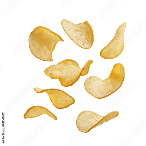 Flying delicious potato chips isolated on a white or transparent PNG background. Perfect for snack advertising, food packaging, menu designs, commercials, and creative visuals showing crunch, motion, 