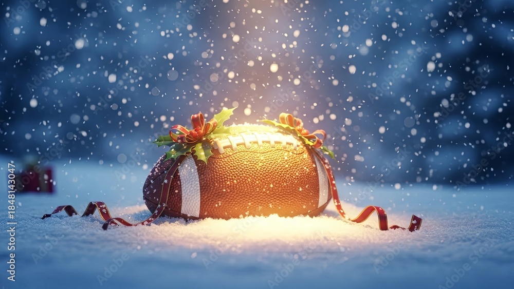 Fototapeta premium American football in snow with holly decor and gift box. Winter sport event or Christmas present concept for holiday season.