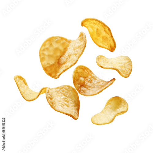 Flying delicious potato chips captured in midair, isolated on a white or transparent PNG background. Ideal for snack advertising, food branding, packaging design, menus, and creative visuals showing c