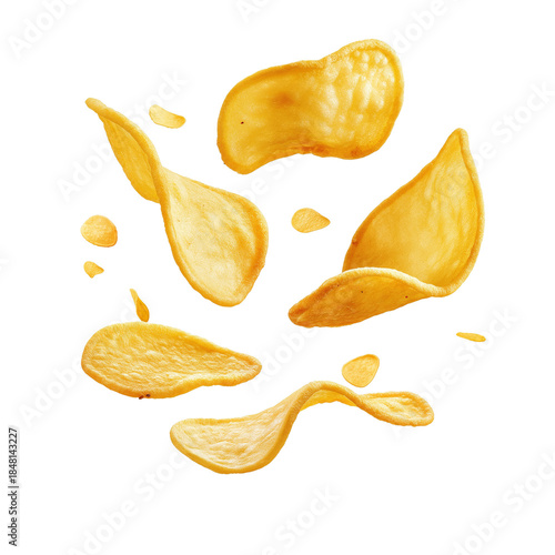 Flying delicious potato chips frozen in midair, isolated on a white or transparent PNG background. Perfect for snack advertising, food branding, packaging design, menus, and creative visuals highlight