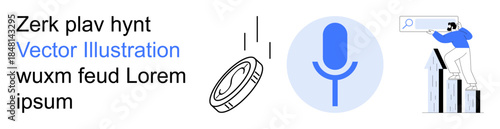 Voice technology, search functionality, data analytics, online marketing, digital insights, and trends. Microphone icon, magnifying glass search concept. Voice technology and search functionality