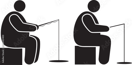 Two icons illustrating a person sitting on a block and holding a fishing rod