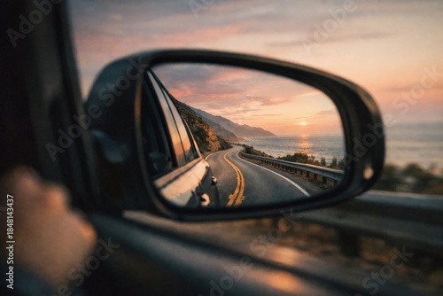 Scenic coastal road seen through car side mirror during sunset drive by the ocean.