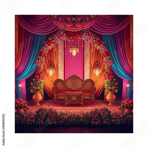 Luxurious Indian wedding stage with vibrant drapes and flowers