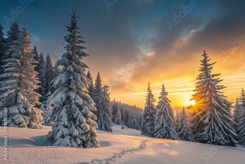 christmas winter sunset in the forest