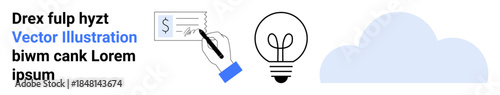 Finance, technology, innovation, cloud storage, creative thinking, payment systems. Handwriting on a payment slip next to a bright lightbulb and a cloud icon. Finance and technology concepts