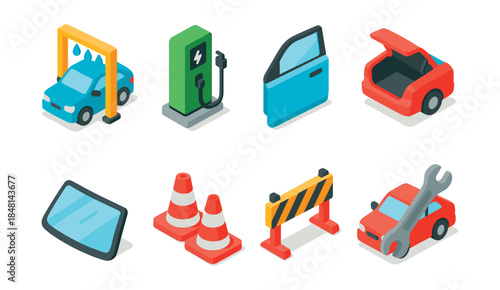Automotive isometric illustrations set