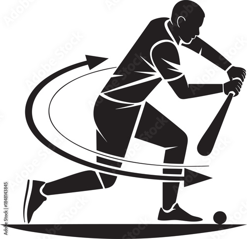 Baseball player swinging bat with motion arrows, dynamic sport action silhouette, modern black and white illustration