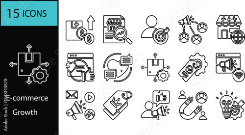 Outline vector icons illustrating digital marketing, e-commerce, business strategies, and analytics