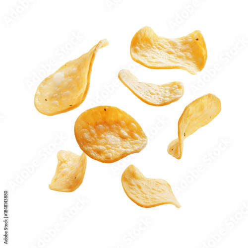 Flying delicious potato chips captured in midair, isolated on a white or transparent PNG background. Ideal for snack advertising, food branding, packaging design, menus, and creative visuals highlight