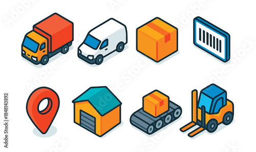 Logistics and shipping isometric icons set
