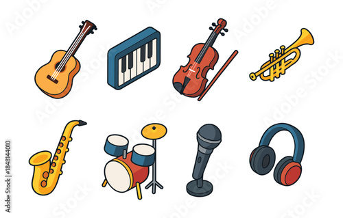 Music instruments and audio equipment cartoon icons set