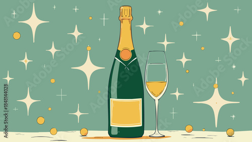 Elegant Vector Illustration of a Gold and Green Champagne Bottle with Sparkles for Celebration