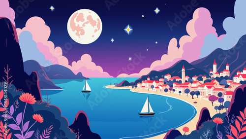 Romantic Cityscape with Moonlit Ocean Vector Illustration in Blue and Purple