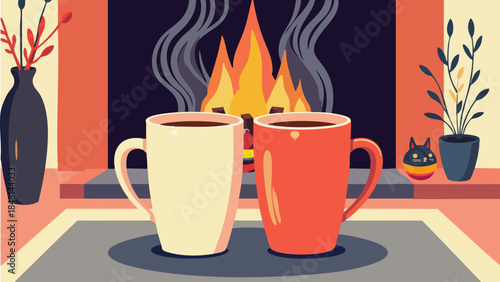 Vector Illustration of Matching Coffee Mugs by a Cozy Fireplace